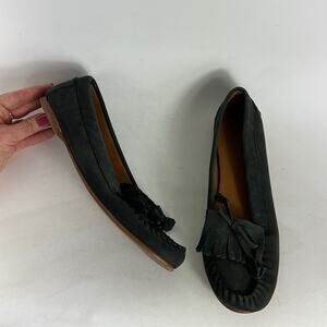 LLBean fringe toe moccasin loafers women’s 9.5 dark green leather minimalist